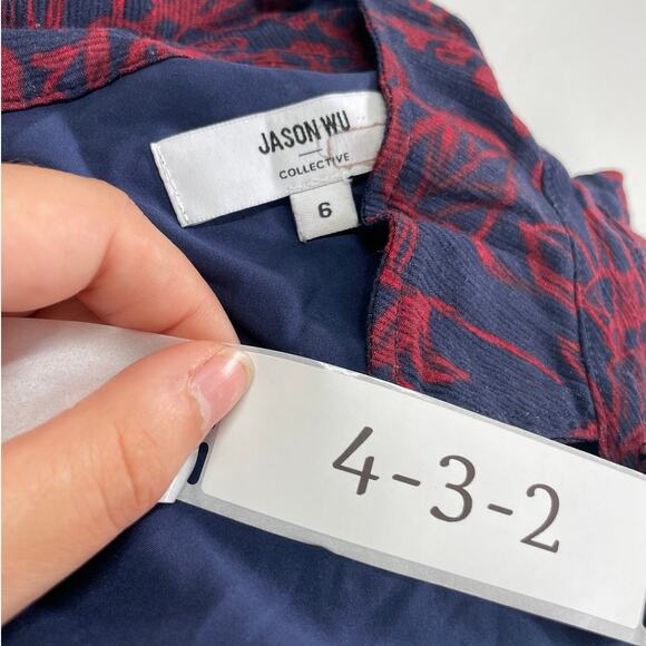 Jason Wu Dress Womens 6 Blue Red Floral Chiffon Shirt Collared Midi Tie Neck - Picture 7 of 12